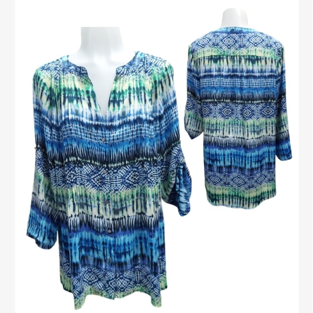 Chaus New York Abstract Watercolor VNeck Button Blouse